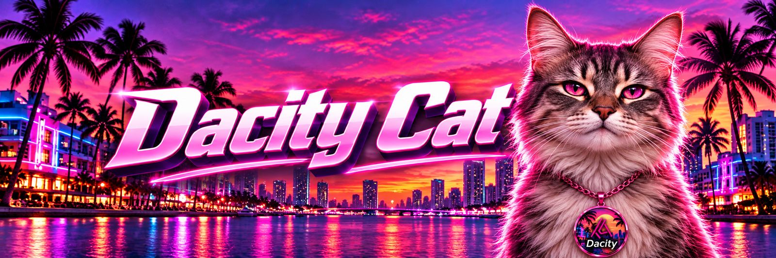 Dacity Cat neon banner: a tabby cat wearing a Dacity pendant in front of a Miami sunset skyline
