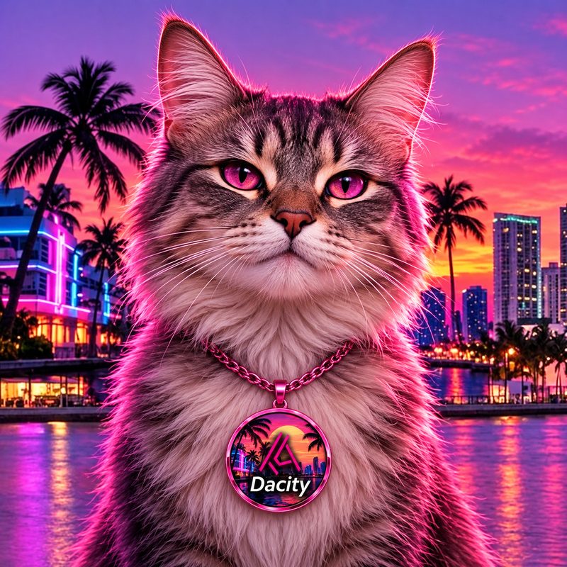 Dacity Cat portrait with a pink chain and Dacity pendant, palm trees and neon skyline behind